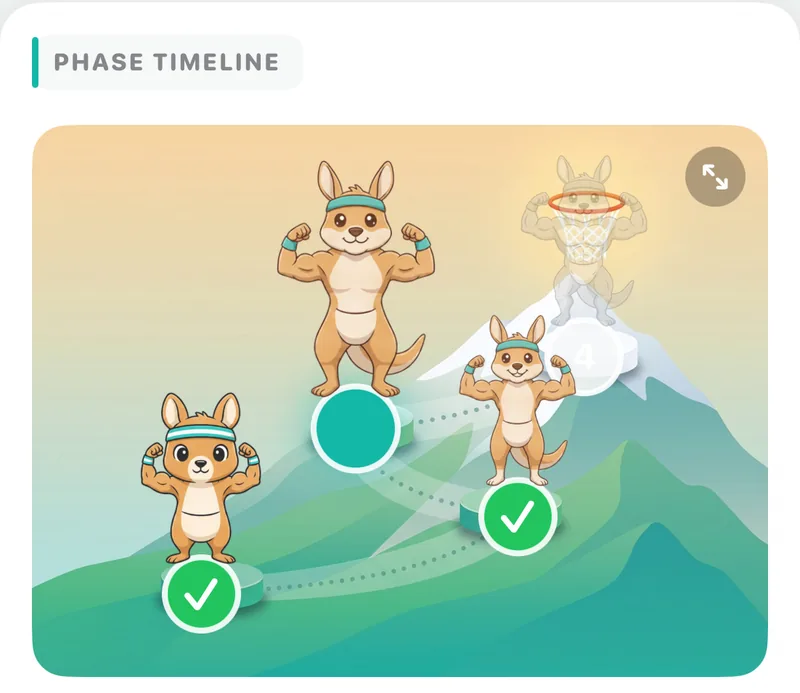 The phase timeline in the VertiRoo app, with earlier stages completed and the next one ahead