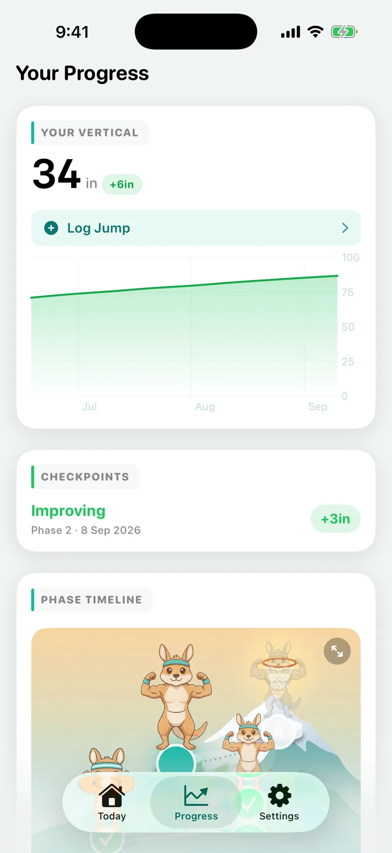 The full Progress screen: vertical jump number, trend chart, and checkpoint history