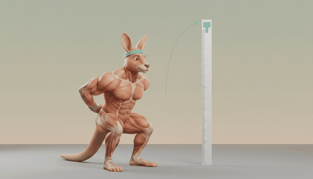 Anatomical illustration of a kangaroo coach in a loaded countermovement stance beside a vertical measuring scale