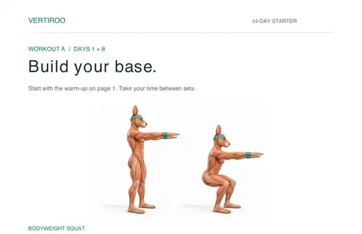 PDF workout A: Build your base. Includes illustrated exercise guidance, sets, reps, and rest times.