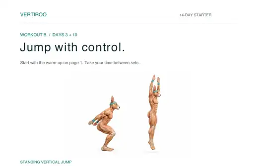 PDF workout B: Jump with control. Includes illustrated exercise guidance, sets, reps, and rest times.